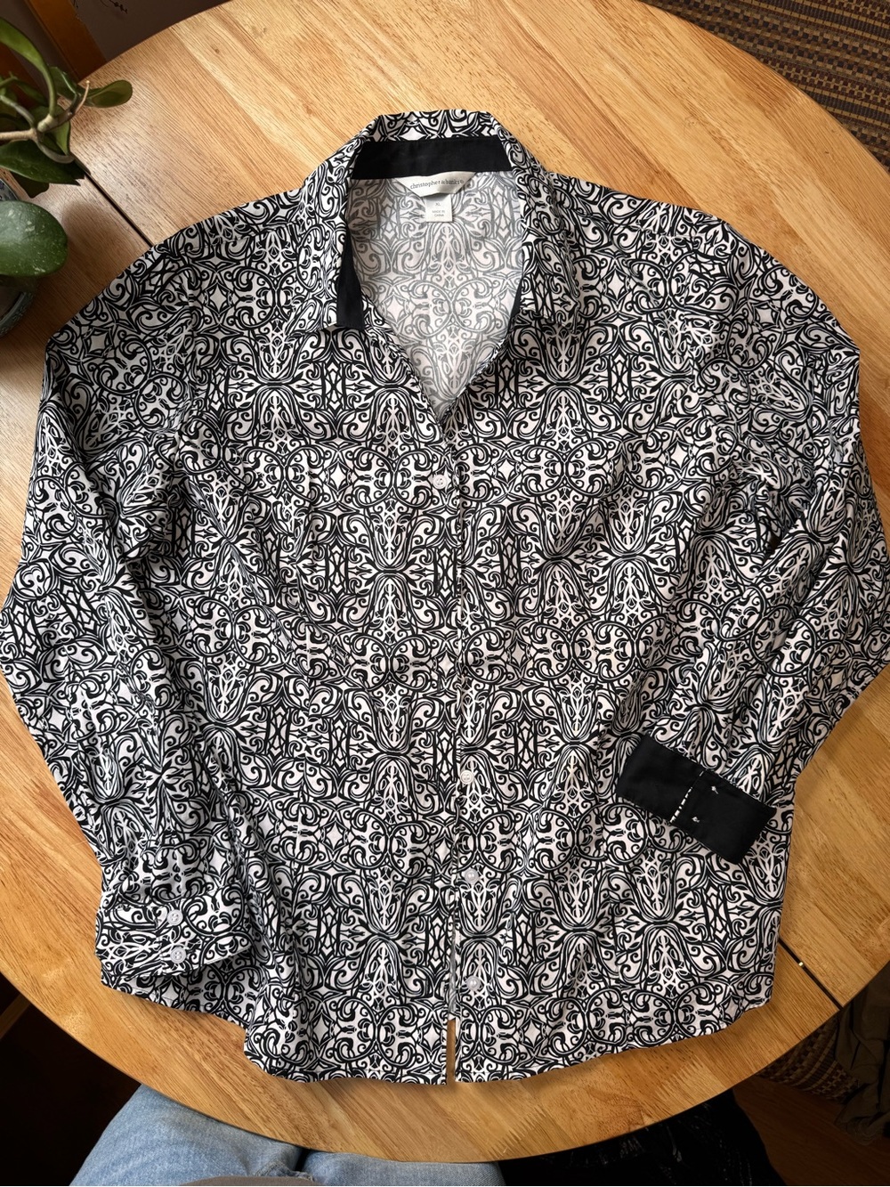 Christopher & Banks Black and White Floral-Scroll Blouse